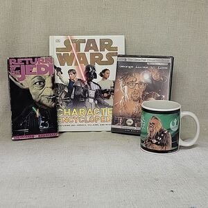 Star Wars Character Encyclopedia book, vhs Return of Jedi, dvd George Lucas, mug